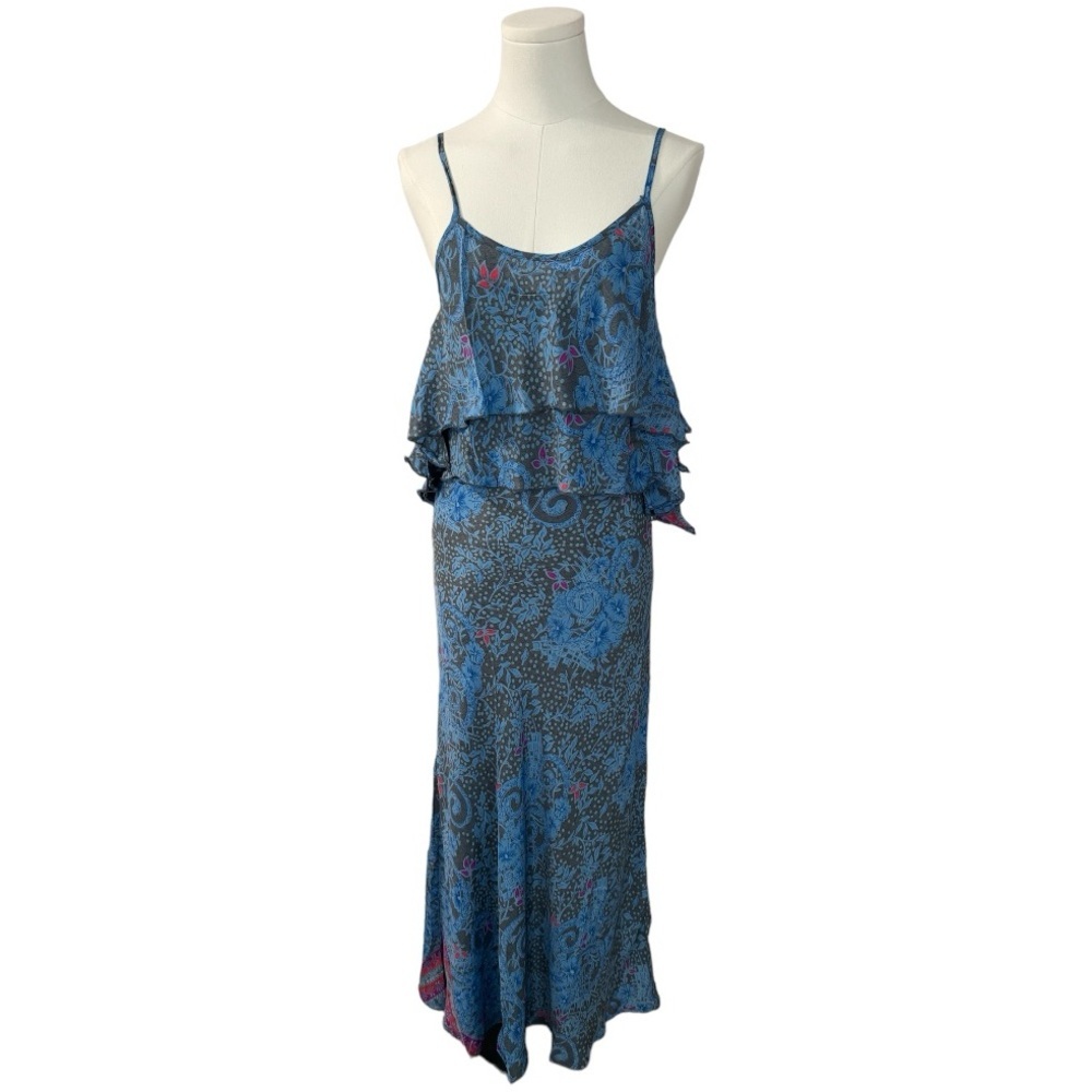 PERRY WALKER COLLECTIVE Silk Dress Blue Floral size 2 Slip On Maxi Vacation‎